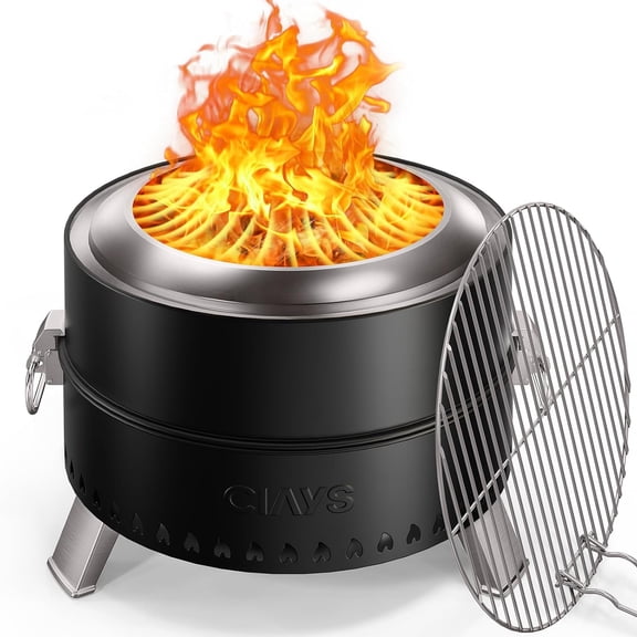 CHITOOMA Smokeless Fire Pit, 21" Portable Outdoor Firepit with Patented 360 Tech, Includes Steel Grill Rack & Fire Poker for Camping, Wood Burning, Easy Setup