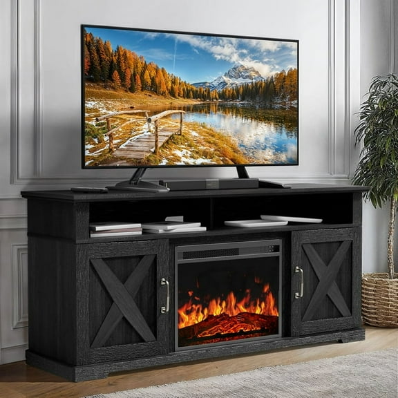 Fireplace TV Stand with Fireplace for 75 inch TV Farmhouse Entertainment Center with Storage, Black