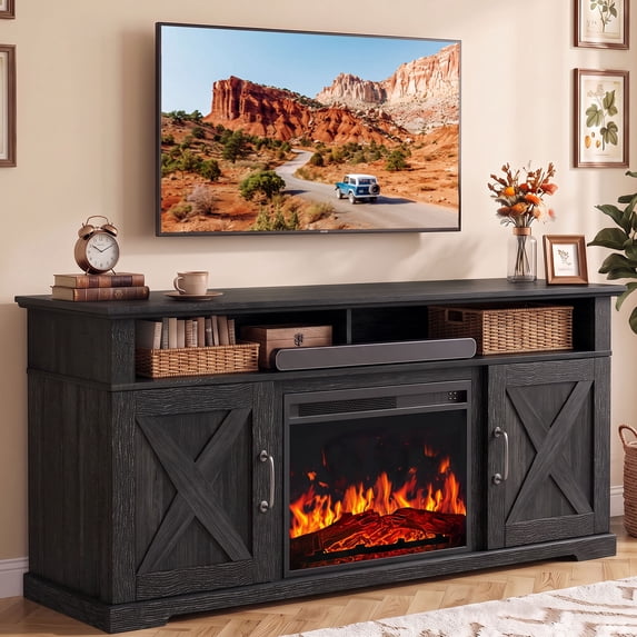 Fireplace TV Stand with Fireplace for 75 inch TV Farmhouse Entertainment Center with Storage, Black