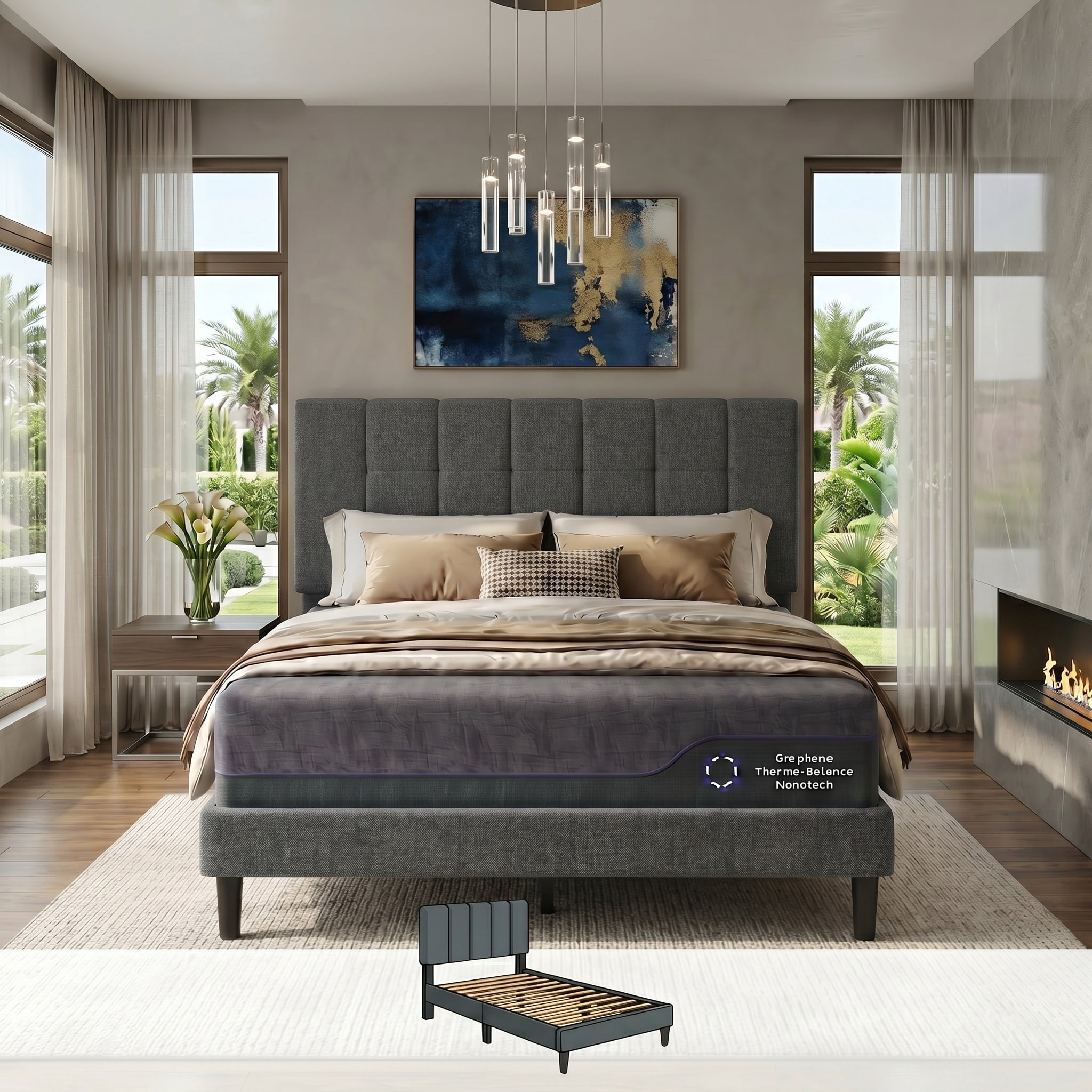 Twin Bed Frame with 12 Thickened Legs, 3-Level Linen Adjustable Upholstered Headboard, Fully Upholstered Mattress Foundation, No Box Spring Needed, Noise-Free, Up to 1300 lbs, Dark Grey