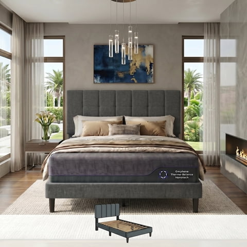 Twin Bed Frame with 12 Thickened Legs, 3-Level Linen Adjustable Upholstered Headboard, Fully Upholstered Mattress Foundation, No Box Spring Needed, Noise-Free, Up to 1300 lbs, Dark Grey