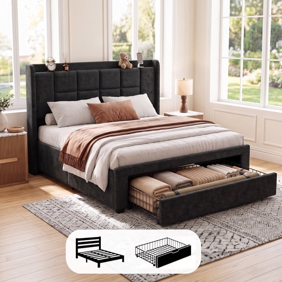 CHITOOMA Upholstered Queen Bed Frame with Drawers & Charging Station Headboard,LED Lights,Drawers with Wheels, Easy Assembly, Black