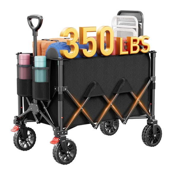 CHITOOMA Wagon Cart Foldable, 350LBS Collapsible Wagon, 160L Large Capacity Utility Cart with Side Pocket for Camping, Shopping & Outdoor Activities