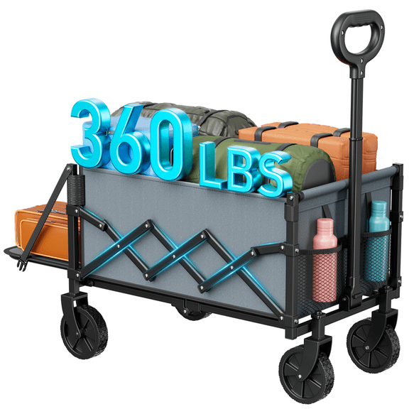 CHITOOMA Collapsible Wagon Cart with Expandable Storage & Locking Front Wheels,360LBS Portable Foldable Wagon for Beach, Camping, Shopping