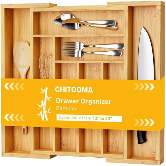 CHITOOMA Wood Bamboo Kitchen Drawer Organizer,Expandable Silverware Holder,Adjustable Kitchen Utensil Tray,for Forks, Spoons and Knives,8 Slots,Large