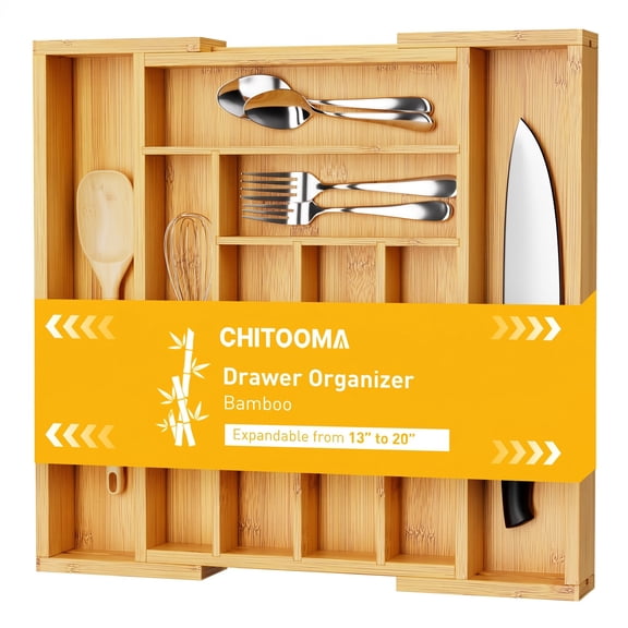 CHITOOMA Wood Bamboo Kitchen Drawer Organizer,Expandable Silverware Holder,Adjustable Kitchen Utensil Tray,for Forks, Spoons and Knives,8 Slots,Large