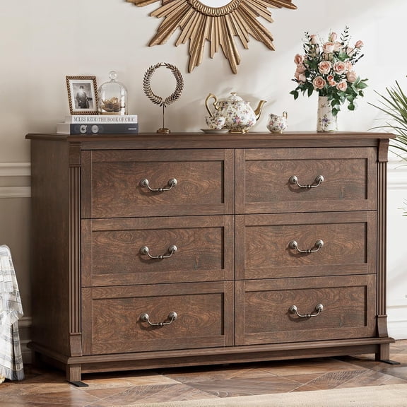 CHITOOMA Wooden Dressers for Bedroom 6 Drawer, 47.2" Roman Chest of Drawers for Living Room Hallway, Brown