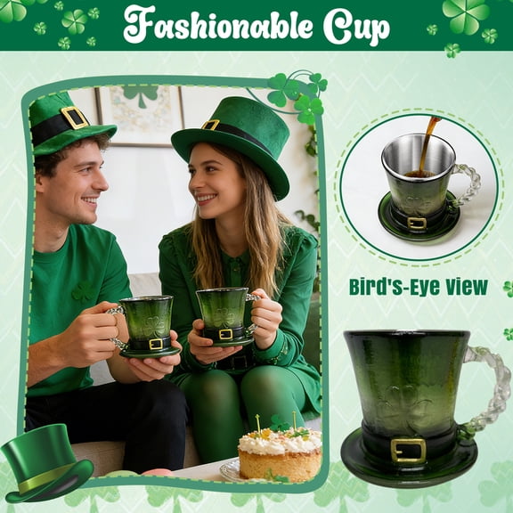 CHIUNL 11oz St.Patrick's Day Leprechaun Hat Glass Mug Cup, Green Gradient Glass Beer Cup with Shamrock & Celtic Knot Handle, Suitable for Juice Tea Milk Parties Holidays Decors