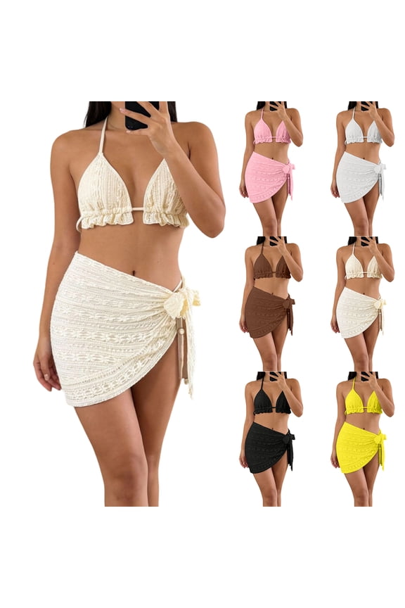 3 Piece Bikini Set for Women, Sexy Crochet Mesh Bathing Suit with Skirt, Boho Shell Decor Two Piece Sets, Summer Vacation Clothes, Resort Wear Beach Dresses for Women (Beige L)