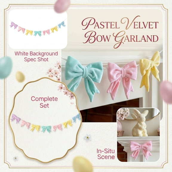 CHIUNL 6.5FT Velvet Bows Garlands - Lovely Design Easter Garlands for Front Door, Easter Decorations for Home, Perfect for Spring Decorations for Table Mantel Wall, Birthday Party Supplies