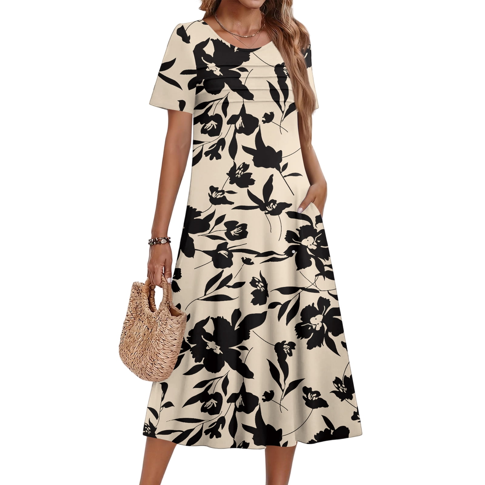 CHIUNL Boho Style Dress for Women, Round Neck Pleated Midi Sundress ...