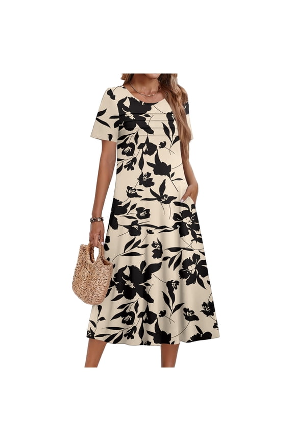 Boho Style Dress for Women, Round Neck Pleated Midi Sundress, Artistic Vine & Lace Texture Print Dress, Comfortable Loose Fit Casual Fashion Clothing for Women (Pink XXL)