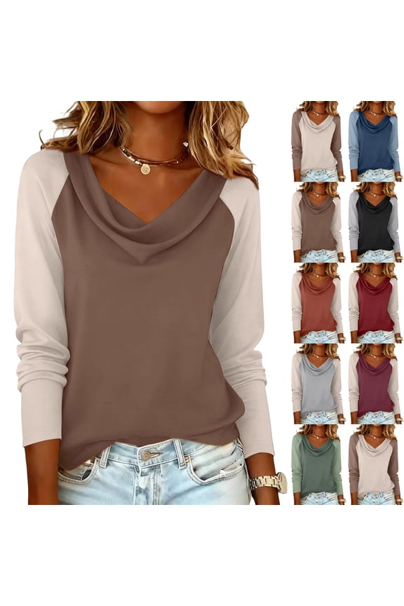 Color-blocked Long Sleeve Tops for Women, Elegant Cowl Neck Pullover, 2026 Spring Trendy Ombre Blouse for Holidays & Evening Wear, Valentine's Day Gift for Her (Black L)