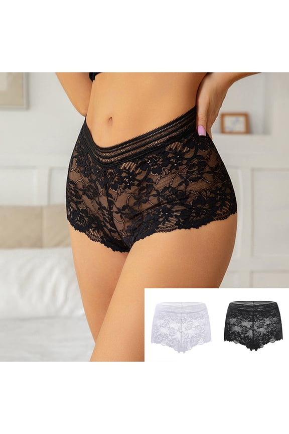 Hip Lifting Lace Panties for Women, Mid Waist Floral Flat Angle Womens Underwear, Breathable Hollow Out Design Underwear for Women Daily Wear (Black M)