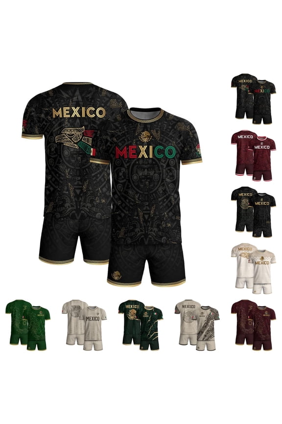 Men's Mexico Soccer Jersey Shorts Set - Soccer Cup 2026 Aztec Calendar Football Shirt 2-Piece Outfits - Black Gold All-Over Print Crewneck Retro Mexican Pride Streetwear Suit