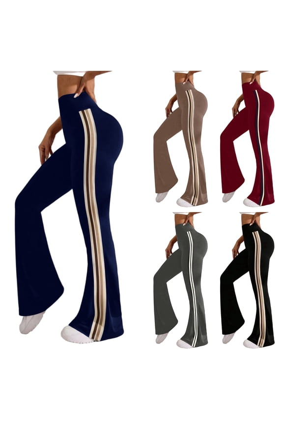 Retro Side Stripe Flare Leggings, High Rise Tummy Control Yoga Pants with Front Ankle Split, Slimming Sporty Tights for Gym & Streetwear (Navy S)