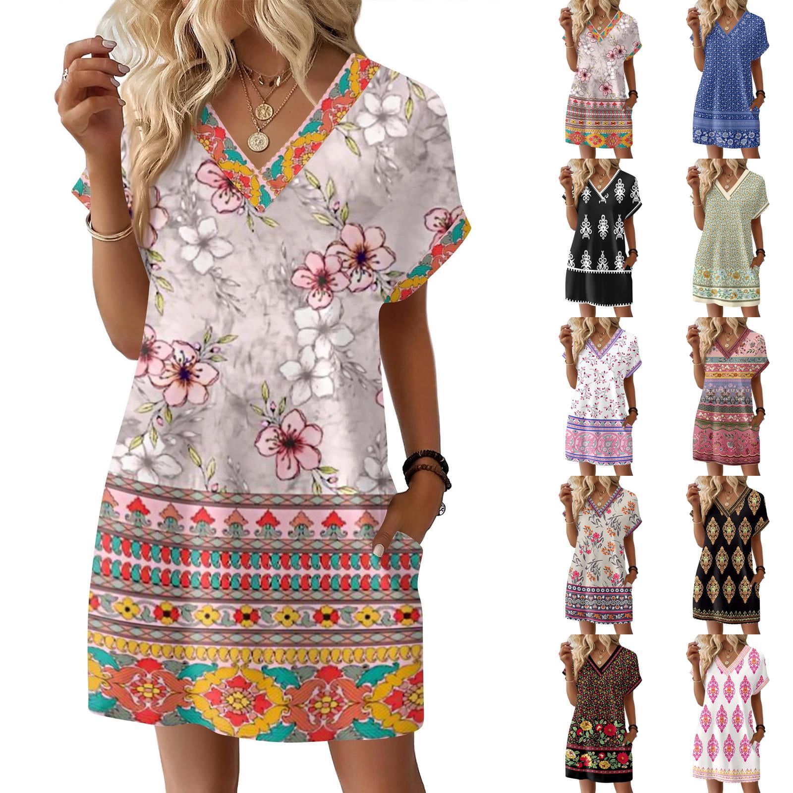 CHIUNL Summer Dresses for Women, V Neck Short Sleeve Ethnic Floral Mini ...