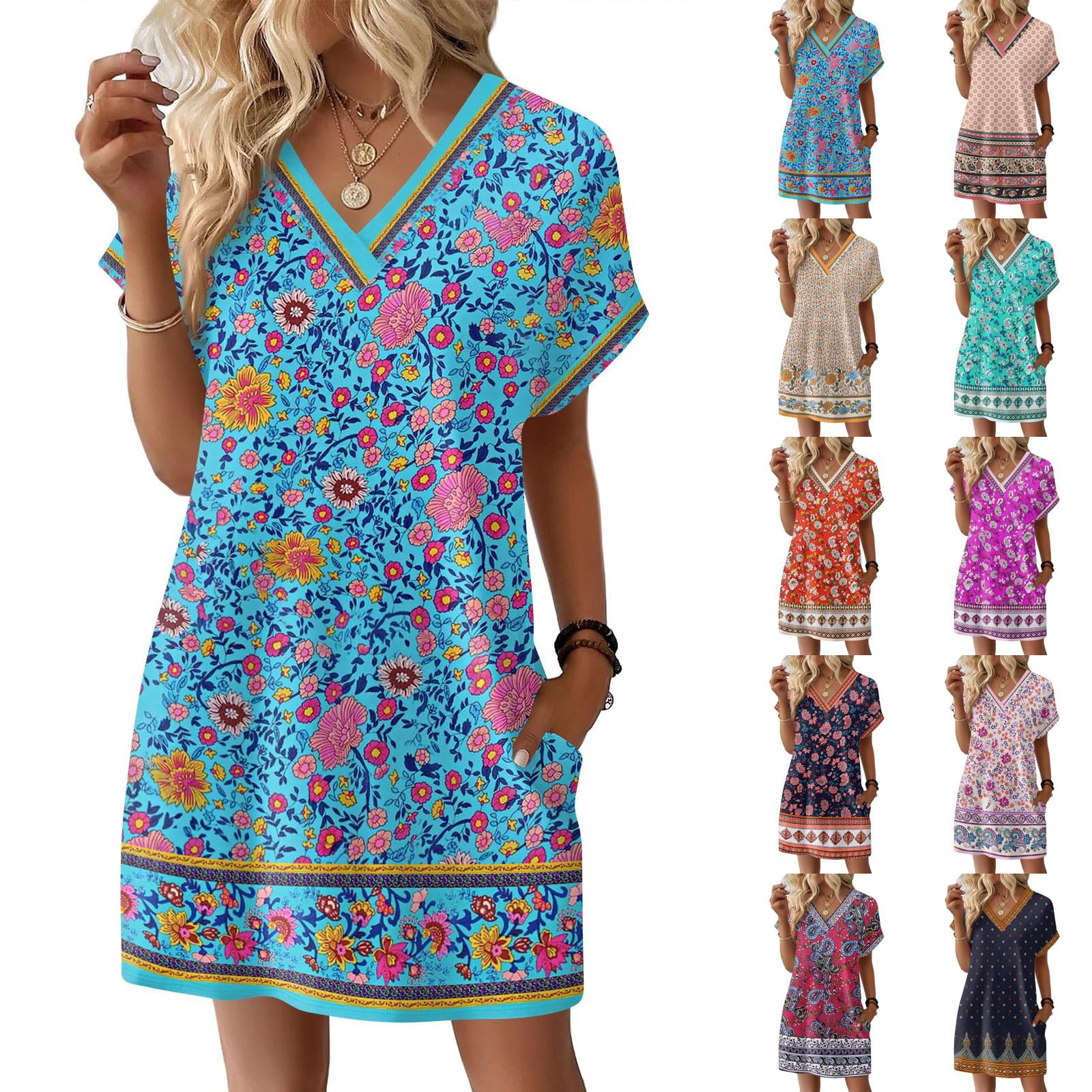 CHIUNL Summer Dresses for Women, V Neck Short Sleeve Floral Mini Dress ...