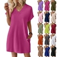 thumbnail image 1 of CHIUNL Summer Dresses for Women, V Neck Short Sleeve T-Shirt Dress with Pockets, Casual Loose Fit Mini Dress, Fashion Clothing for Vacation & Daily Wear (Hot Pink XL), 1 of 7