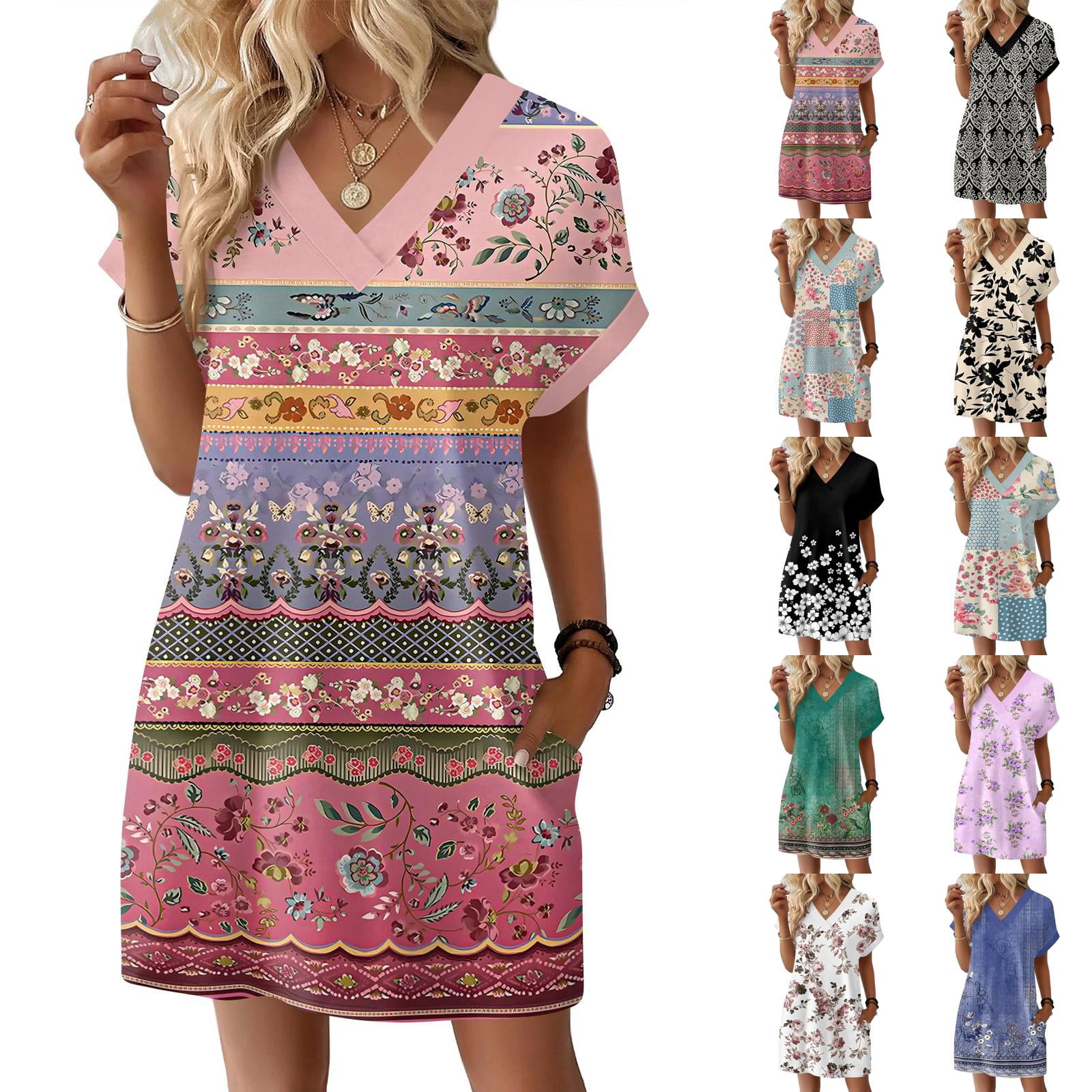 CHIUNL Vintage Artistic Printed Spring Dresses for Women, V Neck Short ...