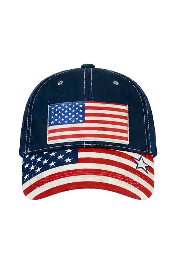 Vintage USA Flag Patched Cotton Cap, Cool Design Flag Hat with Pocket for Passport, Men's Or Women's Sun Cap for Outdoor Sports Camping Fishing Trip (Blue)