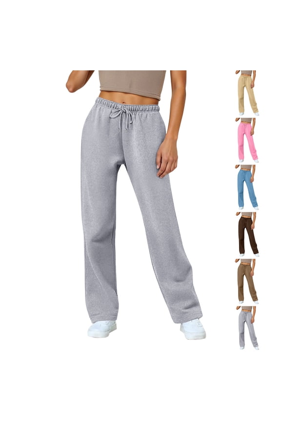 Wide Leg Track Sweatpants for Women, Fleece Lined Winter Joggers, Loose Straight Casual Women's Pants with Pockets, Cozy Warm Athletic Trousers for Daily Wear, Women Clothing (Khaki M)