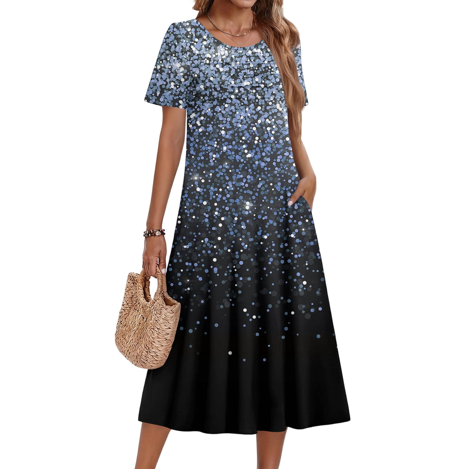 CHIUNL Women's Summer Midi Dress, Round Neck Pleated Midi Sundress ...