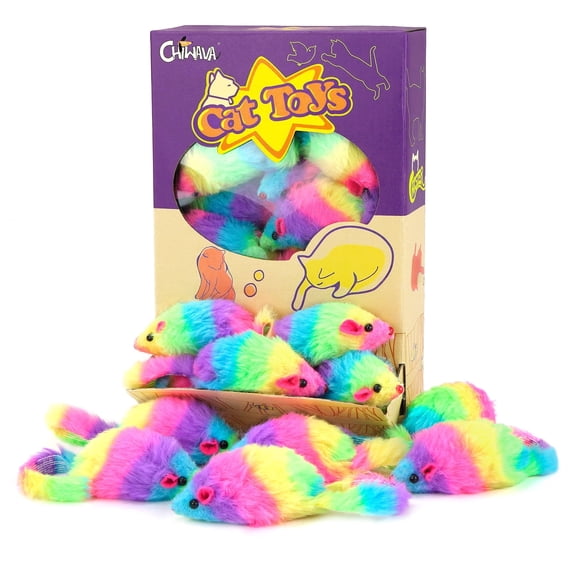 CHIWAVA 24PCS 2.8" Rainbow Color Furry Cat Toy Mice with Rattle Kitten Mouse Interactive Play