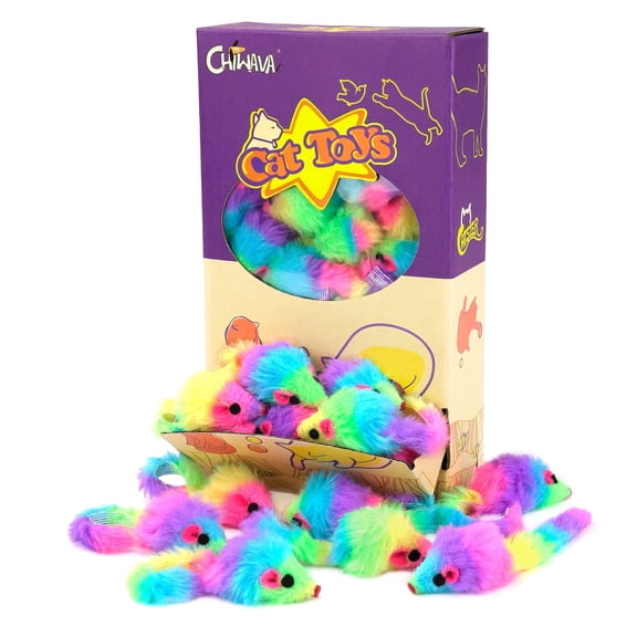 CHIWAVA 36PCS 1.8" Rainbow Color Furry Cat Toy Mice with Rattle Kitten Mouse Interactive Play