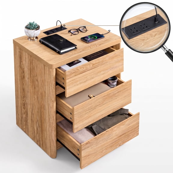 CHIYOOMA Farmhouse Nightstand with 3 Drawers,Wood Bedside Table Night Stand with Charging Station, Sofa Side End Table for Bedroom, Living Room,Natural