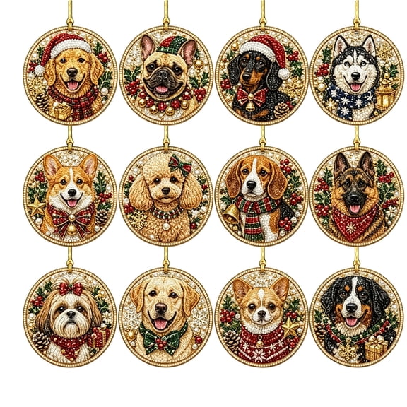 CHJK 12 Pcs DIY Pearl Diamond Art Painting Christmas Ornaments Kit, Single-Sided Wooden Gem Art Hanging Pendant with Strings for Adults, Xmas Tree Window Decor & Holiday Gifts, Holiday Puppy