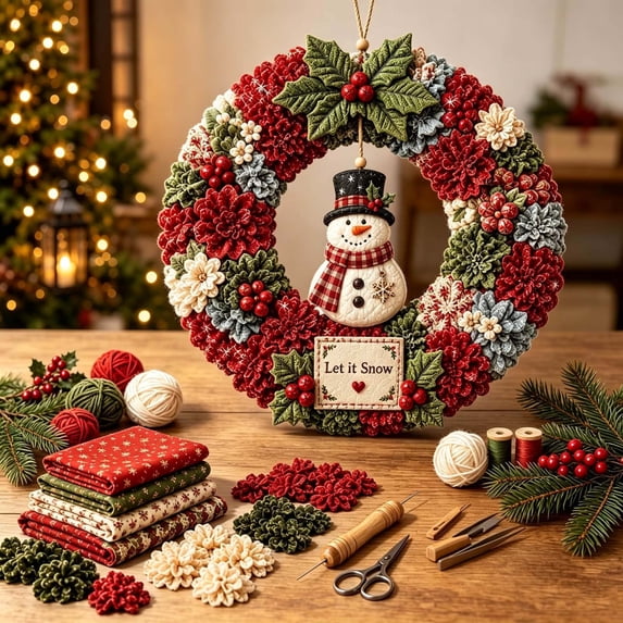 CHJK 3D Fabric Poke Wreath DIY Kit, Christmas Wreath Art Craft Kit for Adults, Beginner-Friendly Holiday Wreath Making Kit & Door Decor