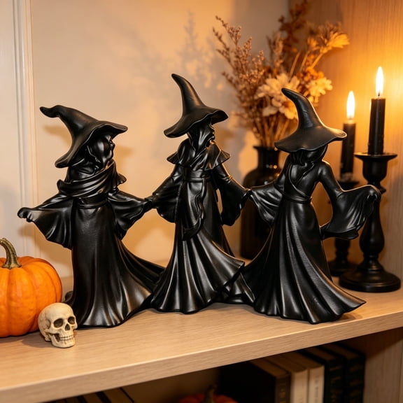 CHJK 3Pack Black Resin Faceless Witch Figurine, 7.9Inch Tall Pointed Wizard Hat Robed Witch Statue, Spooky Halloween Tabletop Centerpiece Ornament for Mantel Shelf Indoor Home Party Gothic Decor