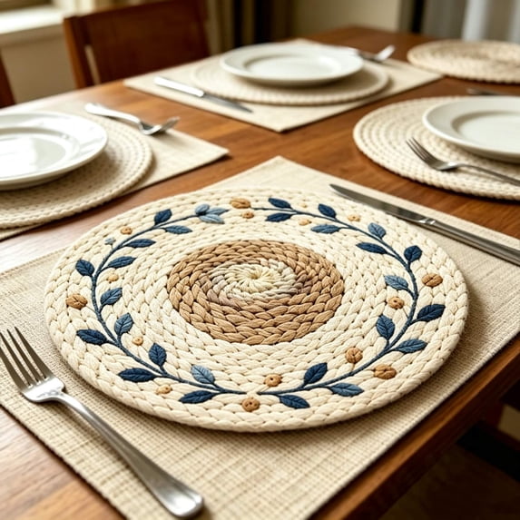 CHJK 8 Pcs Gradient Woven Round Placemat, 15 x 15 Inch Handmade Braided Heat Resistant Table Mat, Kitchen Dining Decor for Tabletop Protection