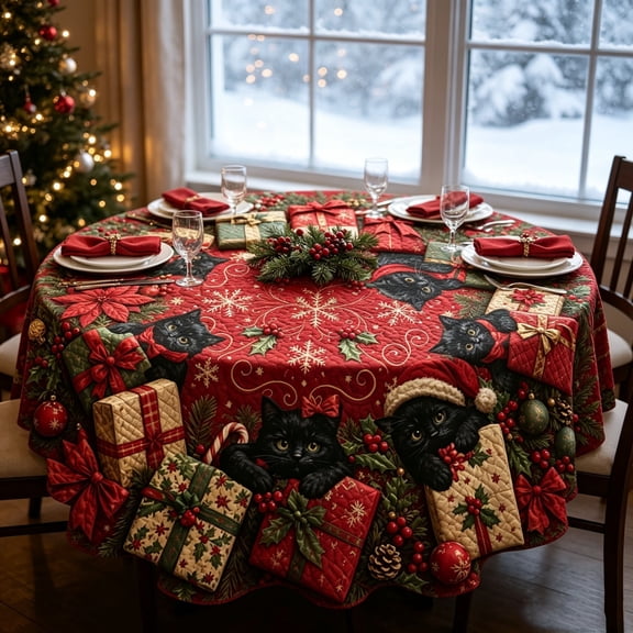 CHJK Christmas Round Tablecloth, 60 Inch Festive Xmas Black Cat and Gift Table Cover, Decorative Round Table Cloth for Holiday Dining Party Home Decoration