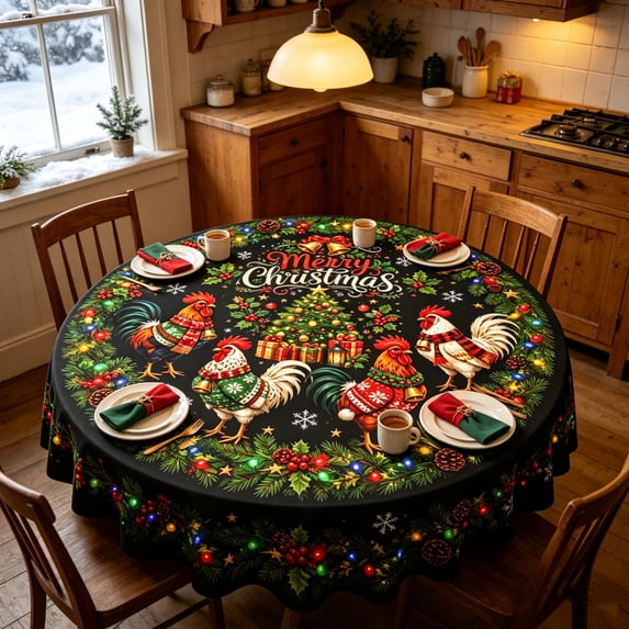 CHJK Christmas Round Tablecloth, 60 Inch Festive Xmas Rooster Table Cover, Decorative Round Table Cloth for Holiday Dining Party Home Decoration
