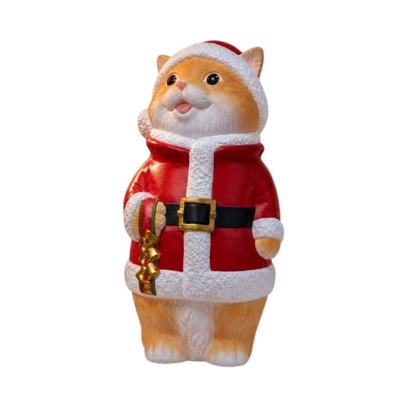 CHJK Christmas Santa Cat Resin Figurine, 8Inch Cute Smiling Orange Tabby In Santa Outfit Holding Bell, Tabletop Statue for Holiday Porch Mantel Home Indoor Decor