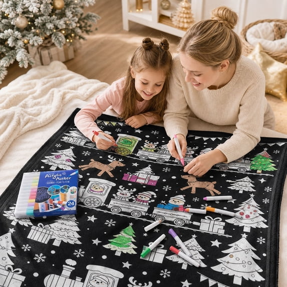 CHJK DIY Coloring Blanket with 24 Colors Markers, 50"X59" Soft Cozy Doodle Throw Blankets, Giant Doodle Coloring Blanket for Adults, Washable