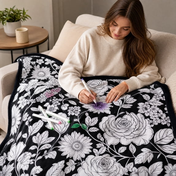 CHJK DIY Coloring Blanket with 24 Colors Markers, 50"X59" Soft Cozy Doodle Throw Blankets, Giant Doodle Coloring Blanket for Adults, Washable