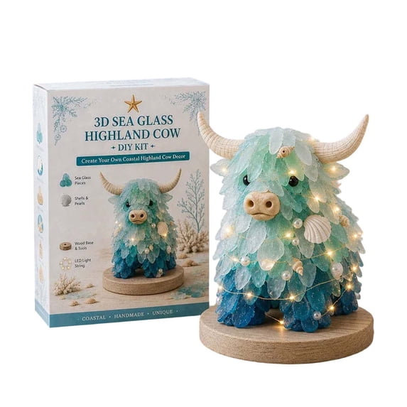 CHJK DIY Sea Glass Art Kit with LED Lights, Inspired Mosaic Art Decoration, Creative Handmade Gift for Adults, Highland Cow