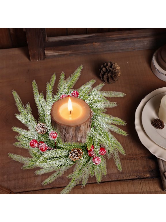 Frosted Artificial Pine Candle Ring Wreath , Small Christmas Tabletop Wreaths with Red Berries & Pinecones for Candle Holder, Wine Bottle, Table Centerpiece Decor, A-size