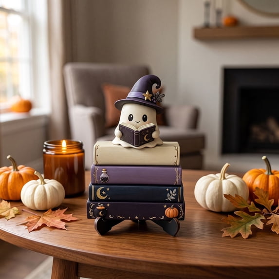 CHJK Halloween Cute Ghost Reading Statue, 6Inch Wooden Base Fall Ghost Figurine, Tabletop Home Decor for Festival Bookshelf, A