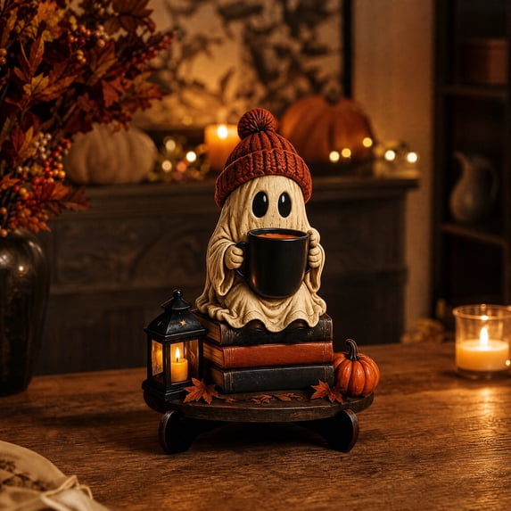 CHJK Halloween Cute Ghost Reading Statue, 6Inch Wooden Base Fall Ghost Figurine, Tabletop Home Decor for Festival Bookshelf, C