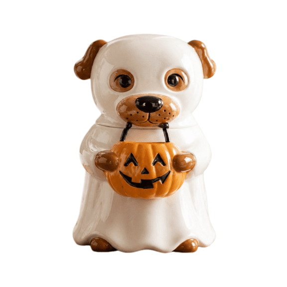 CHJK Halloween Ghost Puppy Ceramic Cookie Jar, 6 Inch Ghost Dog Resin Desktop Figurine, Candy Storage Jar for Tabletop Home Decor