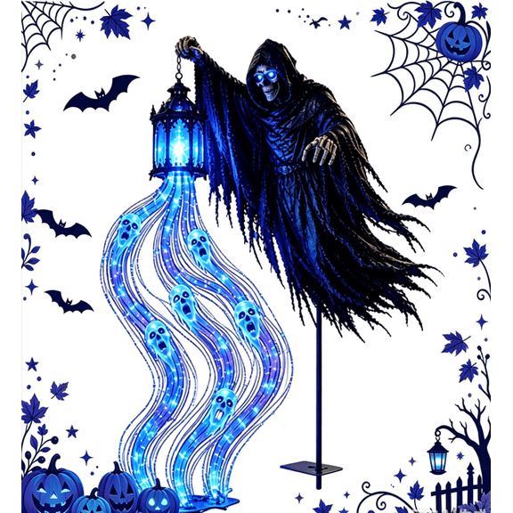 CHJK Halloween Soul Harvester Garden Stake Light, 3D Waterproof Grim Reaper Animated Stake Statue, Spooky Blue LED Ghost Soul Light for Outdoor Garden Festival Decor, B-3D