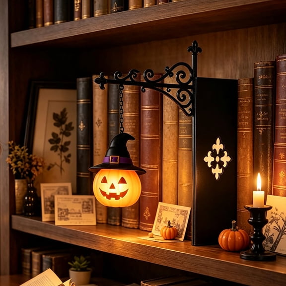 CHJK Library Lantern-Decorative Bookshelf Lighting, Halloween Vintage Pumpkin Library Bookshelf Lantern, Bookend-Style Base Warm Decorative Bookshelf Lighting for Nooks Home Libraries, #3