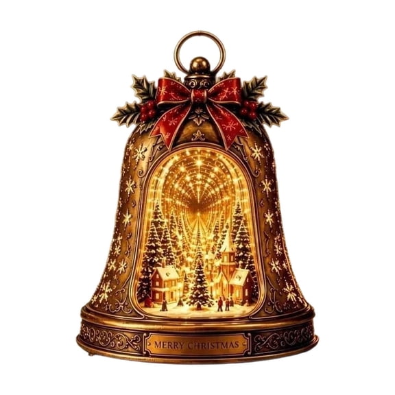 CHJK Lighted Achristmas Village Infinity Bell, 3D Christmas Light Up Resin Bell with Mirror Effect, Tabletop Holiday Decoration with Bow for Home Mantel Xmas Party