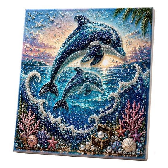 CHJK Ocean Theme Pearl Art DIY Kit, DIY Pearl Painting Kit, Ocean 3D Diamond Painting Craft for Adults Beginners, Sparkling Coastal Wall Decor with Pearls & Rhinestones, F