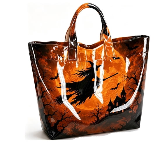 CHJK Personalized Witch Print PVC Handbags for Women, Halloween Waterproof Large Capacity Tote Bag for Halloween Party