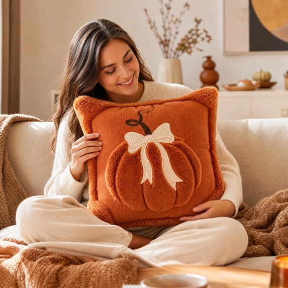 CHJK Pumpkin Embossed Throw Pillow, 18X18Inch Soft Fuzzy 3D Pumpkin Cushion with Bow, Fall Decorative Pillow for Halloween Thanksgiving Sofa Couch Bedroom Home Decor, Orange